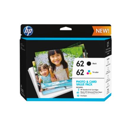 Hp 62 Black And Tri Color Original Ink Cartridges With Photo Paper And Envelopes Pack Of 2 K3w67an Item 692708