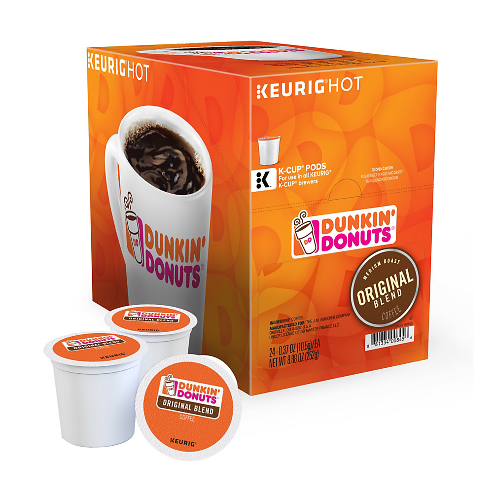 Enjoy a smooth, delicious cup of coffee at the start of a busy day. These Dunkin' Donuts coffee pods let you quickly make a single serving with virtually no fuss or mess. Easy-to-use Dunkin' Donuts coffee K-Cup Pods have just enough beans to create a single delicious cup. Cleans up quickly - just toss the used pod away. Dunkin' Donuts is not affiliated with Keurig or K-Cup. K-Cup is a registered trademark of Keurig Incorporated. Original blend is made of 100% Arabica beans for the signature taste that you love. Includes a pack of 24 original coffee K-Cup Pods.