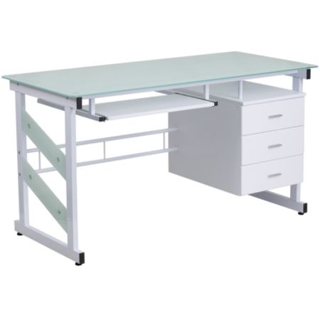 Flash Furniture Frosted Computer Desk With 3 Drawer Pedestal White