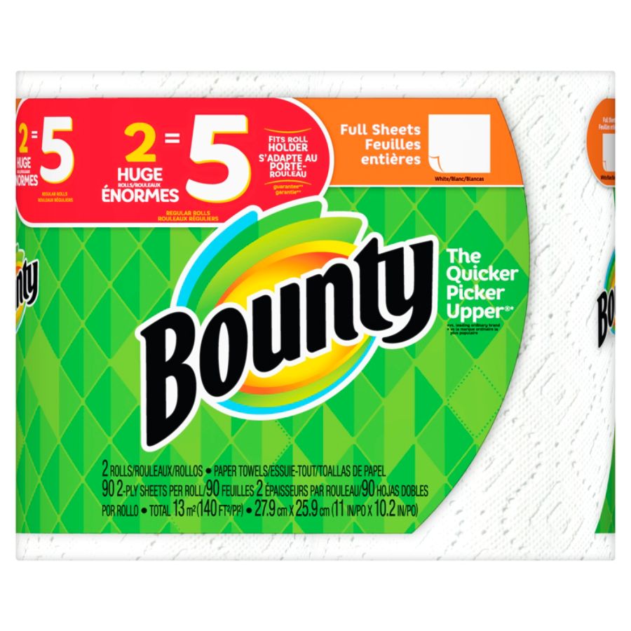 Bounty 2-Ply Paper Towels, 11&quot; x 10 1/4&quot;, White, Pack Of 2 Huge Rolls 720467