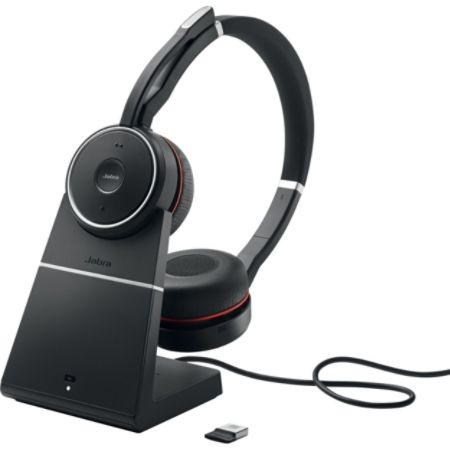 evolve jabra charging stand stereo binaural canceling noise circumaural hz khz uc bluetooth wireless ft head officedepot