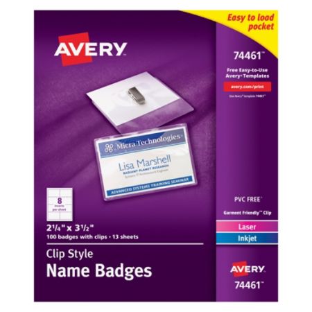 Avery Clip Style Name Badges Top Loading 2 14 x 3 12 Box Of 100 by ...