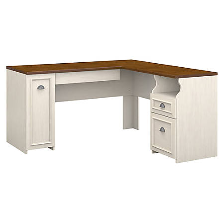 bush furniture fairview l shaped desk, antique white/tea maple, standard  delivery item # 754522