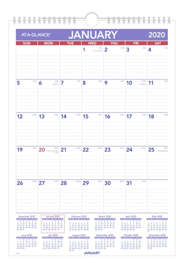 AT-A-GLANCE Monthly Wall Calendar, 12" x 17", Blue/Red, Jan-Dec 2020