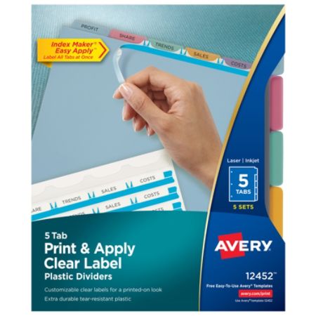 Avery Print Apply Clear Label Translucent Plastic Dividers With Index Maker Easy Apply Printable Label Strip 5 Multicolor Tabs Pack Of 5 Sets
