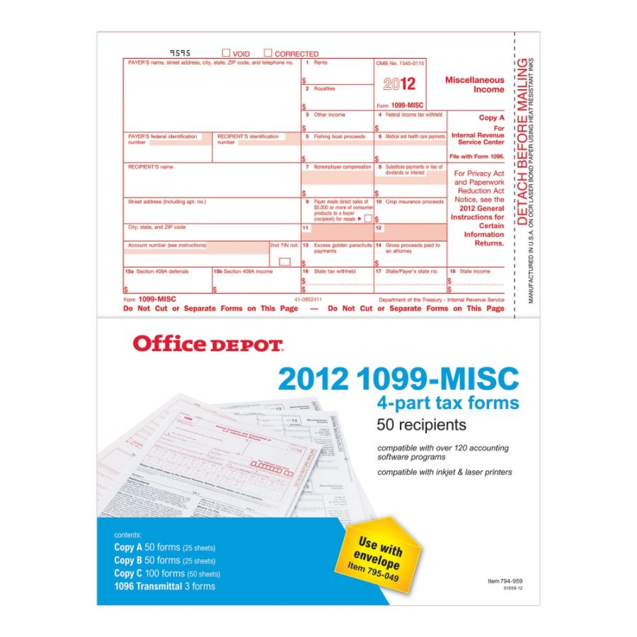 Office Depot Brand 4 Part 1099 MISC Tax Forms For 2012 Tax Year Pack Of ...