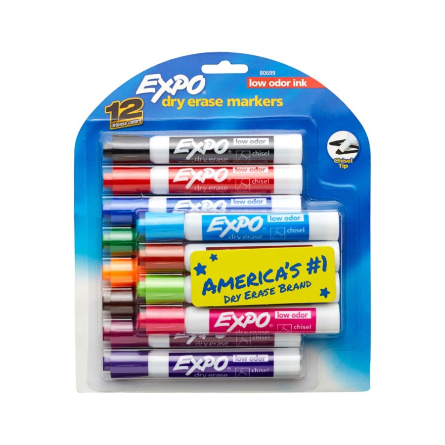 Expo Low Odor Chisel Tip Dry Erase Markers, 12 Colored Markers(80699)