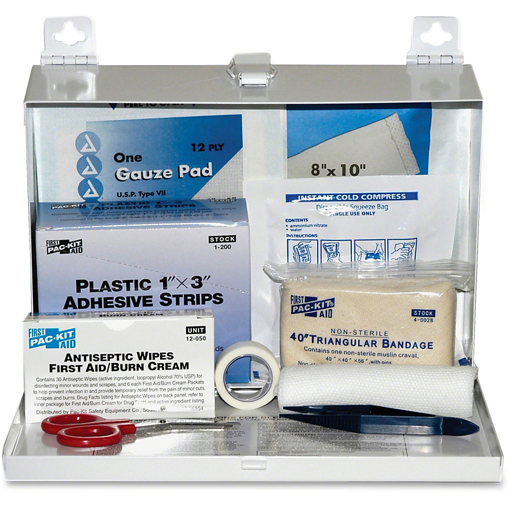 Contents meet or exceed requirements of ANSI Standard Z308.1-2009 Includes adhesive strips, gauze pads, wound pad, gauze bandages and more Rugged, steel case is perfect for use by contractors OSHA-compliant box features easy-to-carry handle and can be mounted on wall