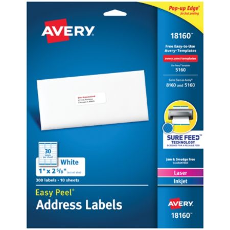 Avery Easy Peel Permanent Inkjet Laser Address Labels 18160 1 X 2 5 8 White Pack Of 300 Item 859370