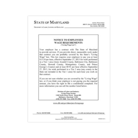 Complyright State Specialty Poster English Maryland Living Wage Law 8 12 X 11 Item 882412