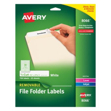 Avery Removable File Folder Labels Inkjet 8066 23 x 3 716 White Pack Of