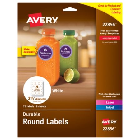 Avery Print To The Edge Water Resistant Labels 22856 Round 2 1 2 White Pack Of 72 Item 914322