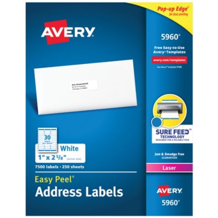 Avery Easy Peel White Laser Address Labels 5960 1 X 2 5 8 Box Of 7 500 Item 916403