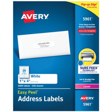 Avery Easy Peel Permanent Laser Address Labels 1 X 4 Fsc Certified White Pack Of 5 000 Item 916411