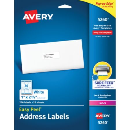 Avery Easy Peel Permanent Laser Address Labels 1 X 2 5 8 Fsc Certified White Pack Of 750 Item 916460