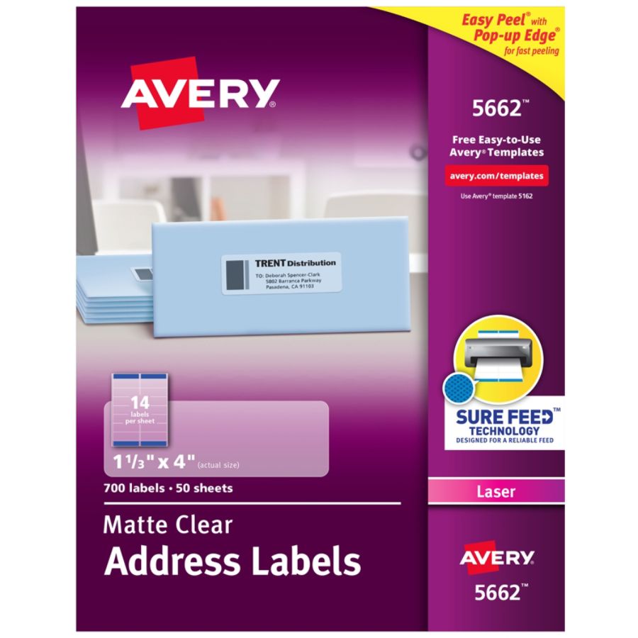 Avery Easy Peel Permanent Laser Address Labels 5662 1 13 x 4 Clear Pack ...