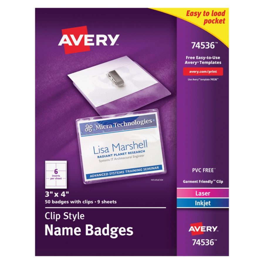 Avery Garment Friendly Clip Style Name Badges, 3 x 4 Inches, White, Side-Loading, Box of 50 (74536)