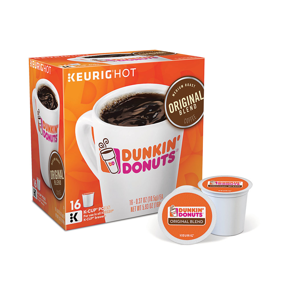 With a rich medium roast, these Dunkin' Donuts coffee K-Cup Pods provide great flavor. Simple place 1 pod in your compatible brewer to get a delicious cup of Joe whenever you see fit. Rich, smooth flavor in a medium roast. Caffeinated original blend coffee K-Cup Pods help you get the boost you need to get through the day. Dunkin' Donuts K-Cups are designed for use in single-cup brewing systems. Each K-Cup has a built-in coffee filter - no measuring and no mess. Original blend coffee pods contain 0.4 oz each and come in a box of 16. Dunkin' Donuts is not affiliated with Keurig or K-Cup. K-Cup is a registered trademark of Keurig Incorporated.