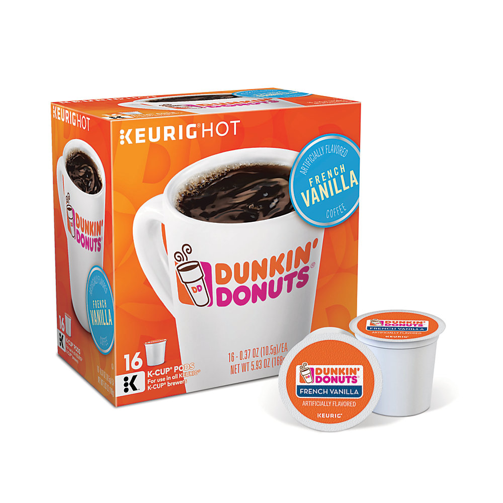 Get Dunkin' Donuts flavor at home or in the office with a fresh supply of Dunkin' Donuts pods of coffee. With the ability to brew 1 cup at a time whenever you need it, you can cut time out of your morning commute with a tall to go. French vanilla coffee K-Cup Pods are sweet, creamy and brew fast. Each K-Cup Pod has a built-in coffee filter - no measuring and no mess. K-Cup Pods are designed for single-cup brewing systems. Vanilla coffee pods feature 0.4 oz of coffee each and come in a box of 16. Dunkin' Donuts is not affiliated with Keurig or K-Cup. K-Cup is a registered trademark of Keurig Incorporated.