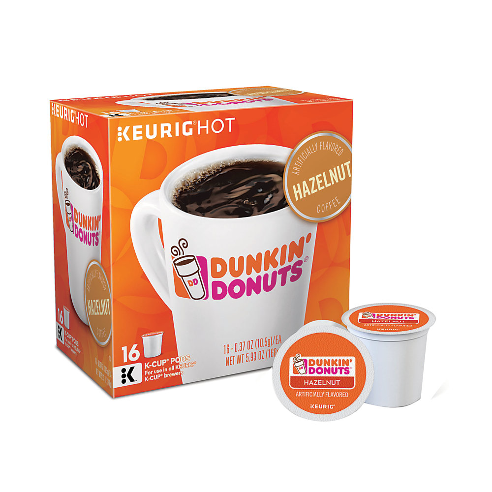 Enjoy a smooth, delicious cup of coffee at the start of a busy day. These Dunkin' Donuts coffee pods let you quickly make a single serving with virtually no fuss or mess. Easy-to-use Dunkin' Donuts coffee K-Cup Pods have just enough beans to create a single delicious cup. Cleans up quickly - just toss the used pod away. Dunkin' Donuts is not affiliated with Keurig or K-Cup. K-Cup is a registered trademark of Keurig Incorporated. Flavored with sweet roasted hazelnuts to create a tasty medium roast coffee. Includes a pack of 24 hazelnut coffee K-Cup Pods.