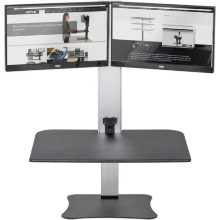 desk dual standing workstation monitor electric victor rise riser adjustable height monitors desks each aluminum depth stand capacity load width