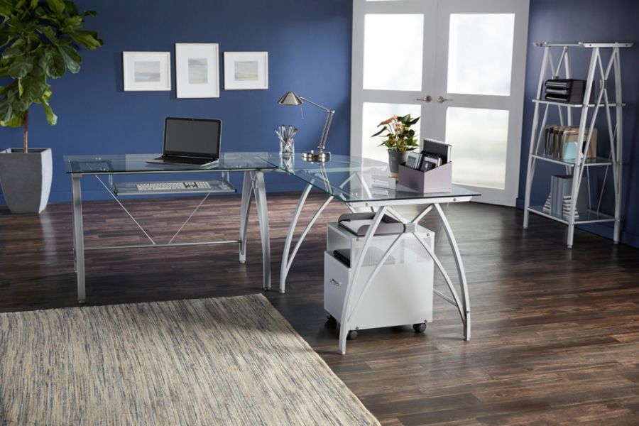 Realspace Vista Glass 76 W L Shaped Desk Silver Zerbee