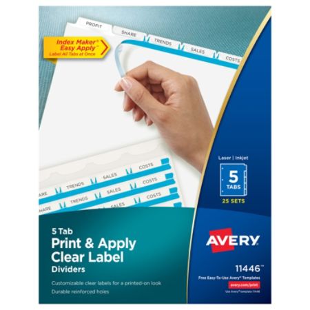 Avery Print Apply Clear Label Dividers With Index Maker Easy Apply Printable Label Strip And White Tabs 5 Tab Box Of 25 Sets Item 990135