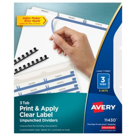 Avery Print Apply Clear Label Dividers With Index Maker Easy Apply Printable Label Strip And White Tabs 3 Tab Box Of 5 Sets Item 990390