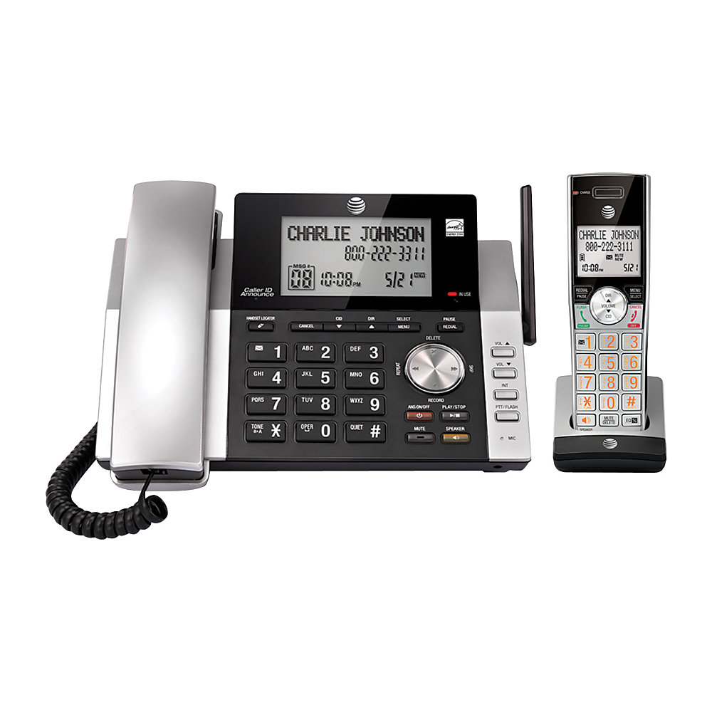 Always have a phone handy Expandable phone system includes a cordless base station with digital answering system plus 1 cordless handset and 1 corded handset and is expandable up to 12 handsets. Uses CL80114 accessory handsets (sold separately). DECT 6.0 wireless technology provides excellent range and resists interference. Digital answering system features up to 22 minutes of record time. Retrieve messages right from the handsets. Large backlit display on the base station presents information in easy-to-see detail. Big buttons make dialing easy. Call waiting/caller ID displays the name and number of incoming calls and remembers up to 50 callers for convenient callback. Call waiting/caller ID service required from your local telephone company. Caller ID Announce feature allows you to hear who's calling from across the room. 2-way conferencing allows you to handle impromptu meetings. Simulated, full-duplex handset and base speakerphones for hands-free conversations. 9 speed dial buttons keep frequently called numbers a button-push away. HD audio with an equalizer enables you to adjust the sound to suit your preferences. Eco-conscious choice - has one or more meaningful eco attributes or eco-labels.