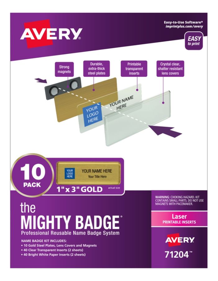 Avery&reg; The Mighty Badge Magnetic Badges For Laser Printers, 1" x 3", Gold, Pack Of 10 Badges