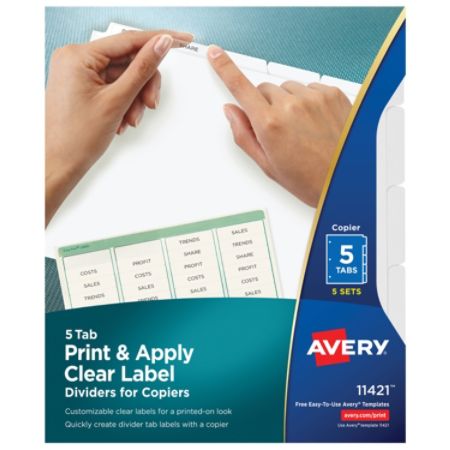 Avery Print Apply Clear Label Dividers With Index Maker Easy Apply Printable Label Strip For Copiers 5 Tab White Pack Of 5 Sets Item 995910