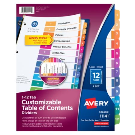 Avery Ready Index 20 Recycled Table Of Contents Dividers 1 12 Tab Multicolor Item 998112